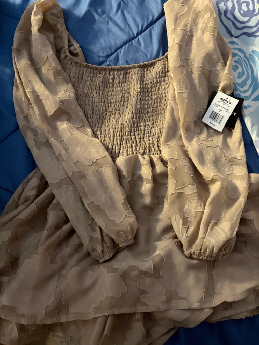 Kohl's Beige Floral Smocked Waist Long Sleeve Girls' Dress